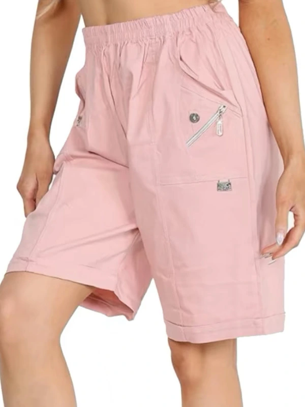 Pink with model Cherry Berry Capri Shorts Ladies Elasticated Waist Stretchy Summer Pants
