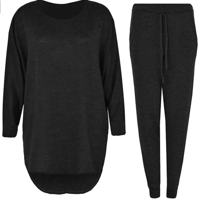 BLACK HIGH LOW TOP AND TROUSER LOUNGE WEAR Homewear Basic Long Sleeve top dress bottom pajama set.
