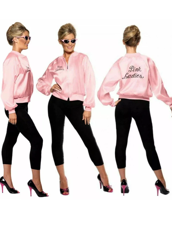 Pink Lady Hen Party Satin Jacket Adult Fancy Dress Costume Zip up Top In Pluse Size .