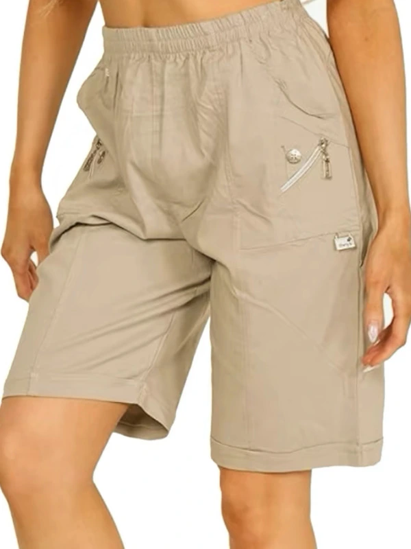 Beige Cherry Berry Capri Shorts Ladies Elasticated Waist Stretchy Summer Pants
