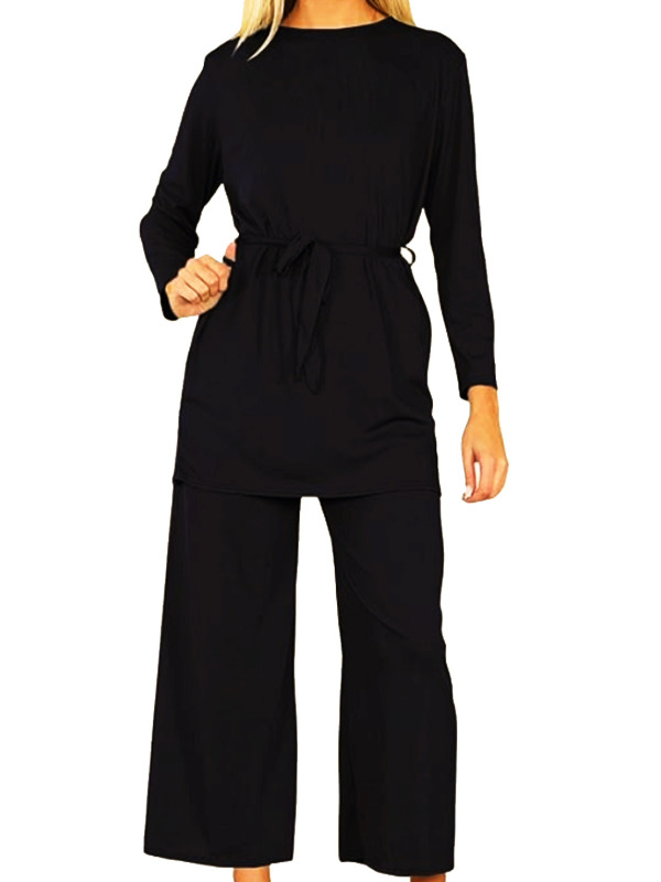 Black palazzo shirt belted top 2 pice set loungwear