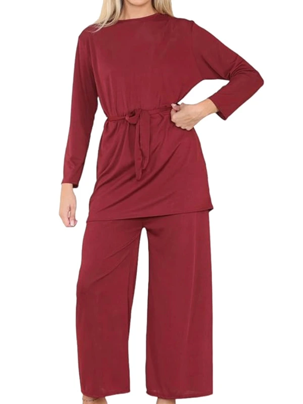 WINE MODEL Lounge Set, Belted waist Round Neck Long Sleeve Top Wrap Co-ord Set