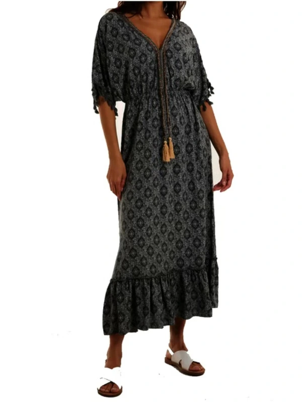 BLACK Tassel Trim Ladies Italian Summer Kaftan Style Maxi Dress