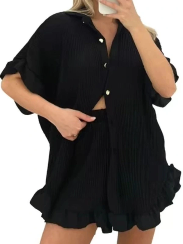BLACK Pleated Frill Ruffle Shirt Shorts Co ord Set Summer Clothing Set 2 Piece Female Clothes