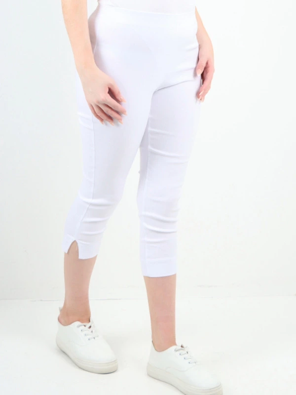 white front Elasticated Waist Bengaline Italian Plain Capri Trousers (3/4 Plus Size Pants)