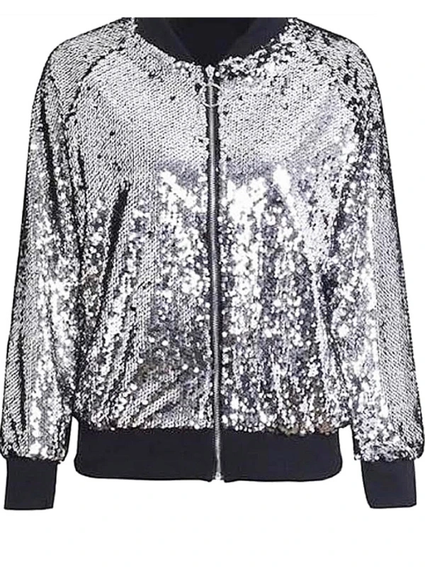 Silver Grey front Women’s Metallic Festival Outfit Jacket Sequin Top Zip Up Stylish Jacket for Party and Festival Wear