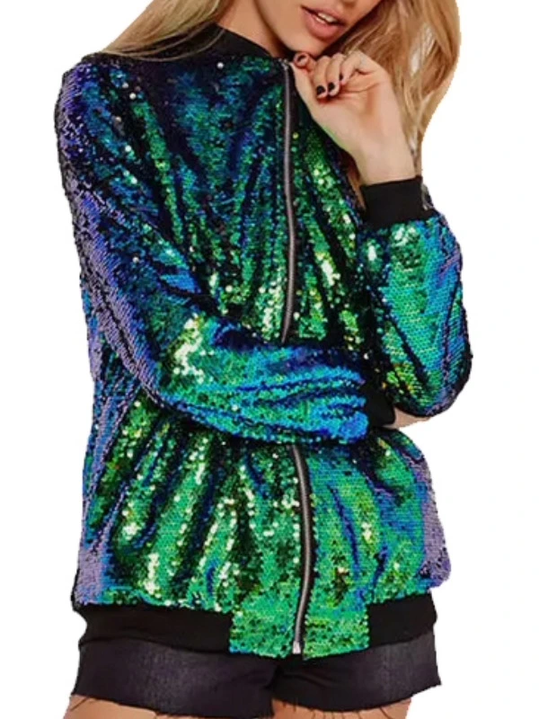 Green with model front Women Sequin Glitter Bomber Jacket Ladies Biker Festival Clubbing Party Club Top