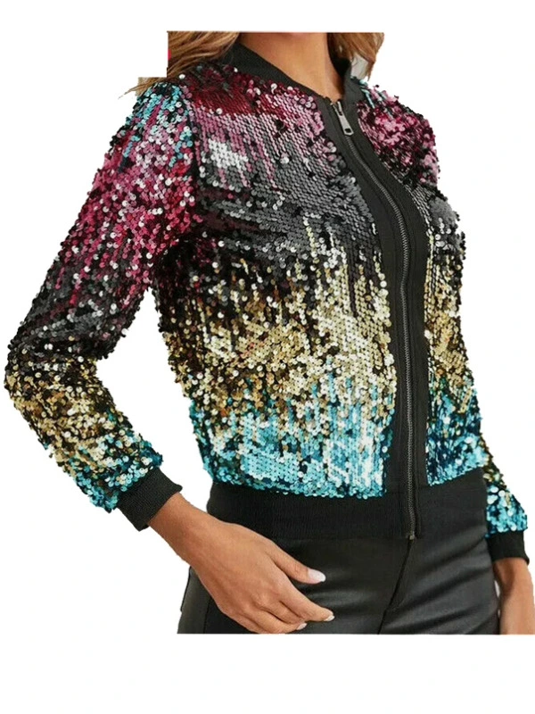 Multicolour front model Women Sequin Glitter Clubbing Party Zip Up Bomber Jacket Festival Biker Coat Top