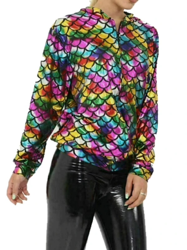 Rainbow Women Sequin Glitter Bomber Jacket Ladies Biker Festival Clubbing Party Club Top