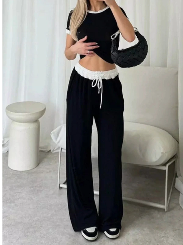 BLACK Crop top Flared palazzo trouser lounge wear set