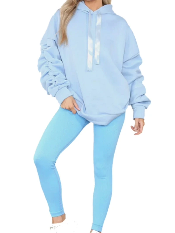 SKY BLUE Women's Ribbed Legging and Oversized Ribbon Hoodie Set with Ruched Sleeve Sweatshirt Jumper Top Loungewear Set