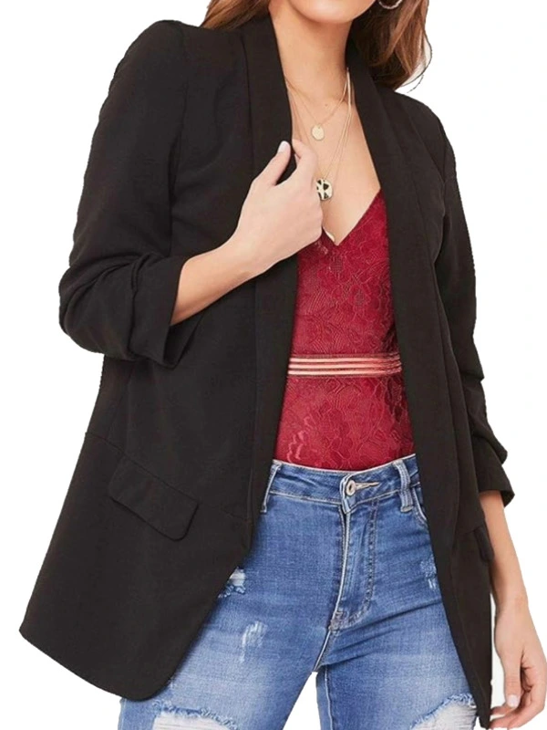 BLACK Women Ladies Ruched Sleeve Lined Blazer Collared Casual Formal Jacket Top