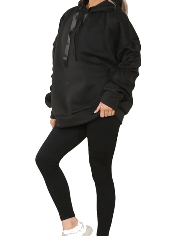 BLACK Women's Ribbed Legging and Oversized Ribbon Hoodie Set with Ruched Sleeve Sweatshirt Jumper Top Loungewear Set