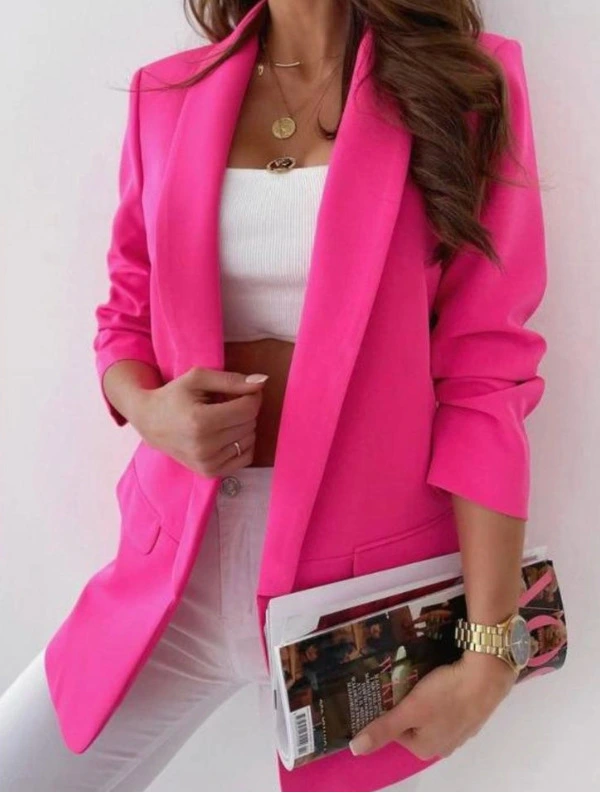 BARBIE PINK Women Ladies Fully Lined Ruched Sleeve Blazer Collared Casual Fashion Jacket Top