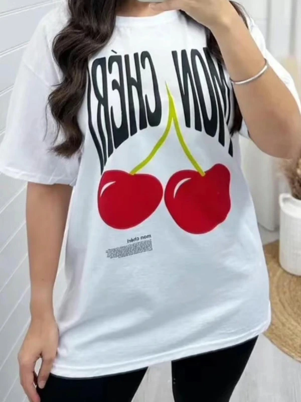 Women’s Oversized Short Sleeve CHERRIES Printed Baggy T-Shirt Top IN WHITE