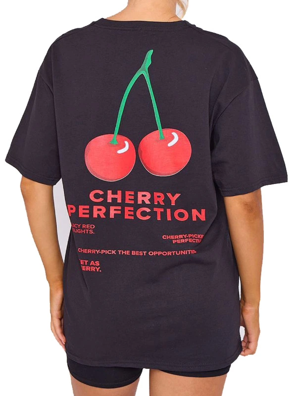 Ladies Cherry Perfection T-Shirt Women's Oversized Summer Short Sleeve Tee Top BLACK BACK