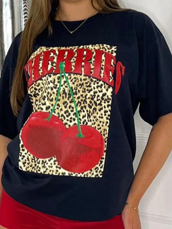 Ladies Leopard Cherry T-Shirt Oversized Summer Short Sleeve Women's Tee Top