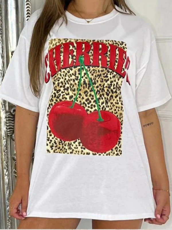 Ladies Leopard Cherry T-Shirt Oversized Summer Short Sleeve Women's Tee Top