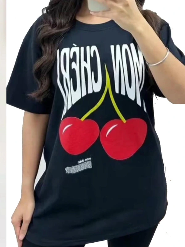 Women’s Oversized Short Sleeve CHERRIES Printed Baggy T-Shirt Top in black