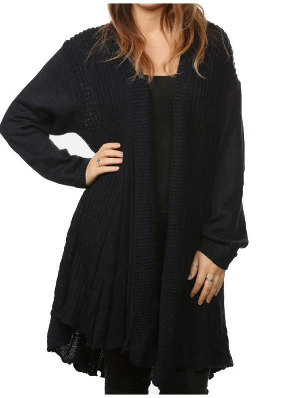 black Knitted Waterfall Cardigans Tops Sweaters Full Sleeves