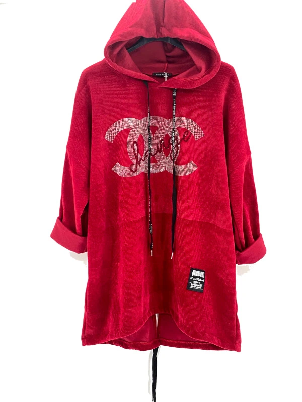 RED Parker Style Sparkle Hoodie - Winter White CC Logo Cord Hoodie