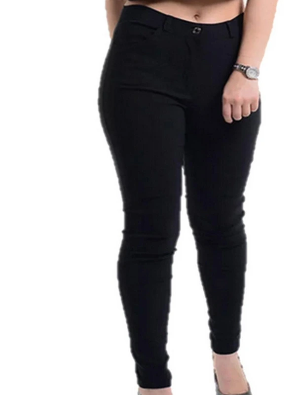 Ladies Black High Waist Trousers back to School Work Stretch Slim Super Skinny Pants black with model