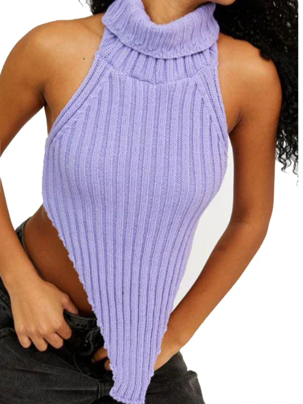 lilac womens Ribbed Polo Roll Turtleneck Crop Top Sleeveless Tank Top Short Party Club Wear Backlesstop