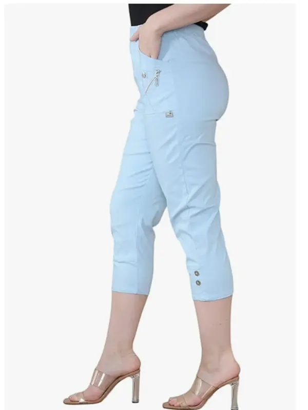 Ladies Plain Cropped 3/4 Length Italian Trouser Elasticated Waist Stretch Fit Summer Short Pants Plus Size UK 8-26 SKY BLUE