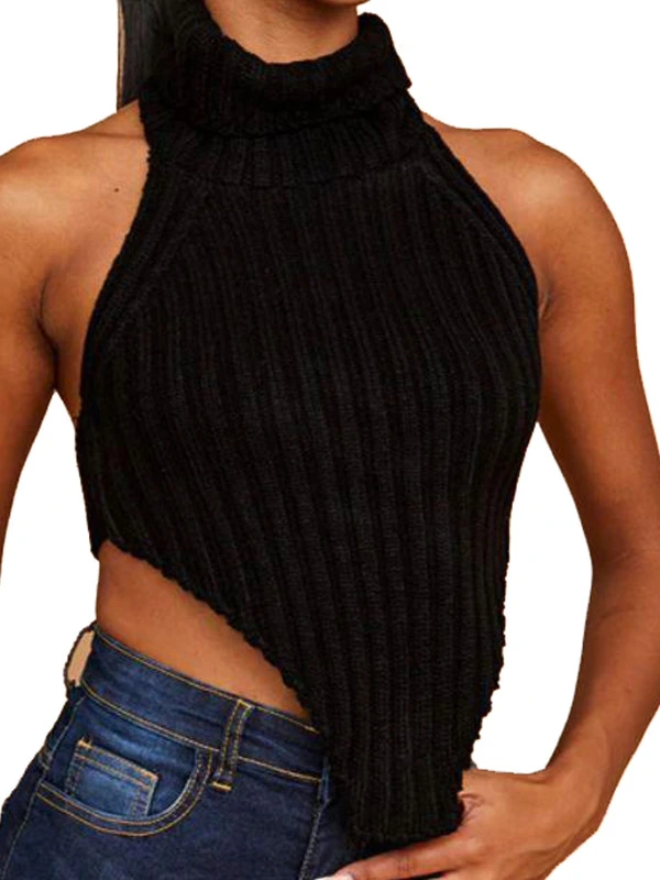 black womens Ribbed Polo Roll Turtleneck Crop Top Sleeveless Tank Top Short Party Club Wear Backlesstop