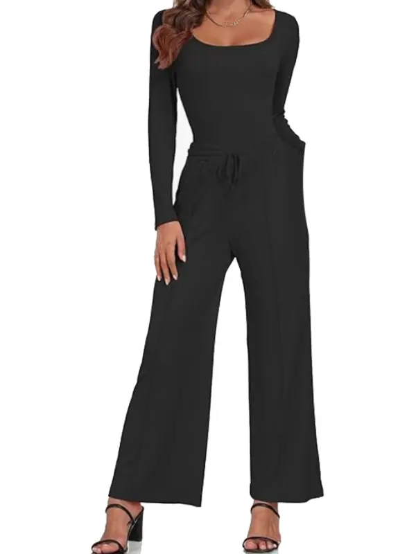 Womens Bodysuit Wide Leg Trouser Set Ladies Two Piece Palazzo Co Ord Tracksuit MODEL BLACK