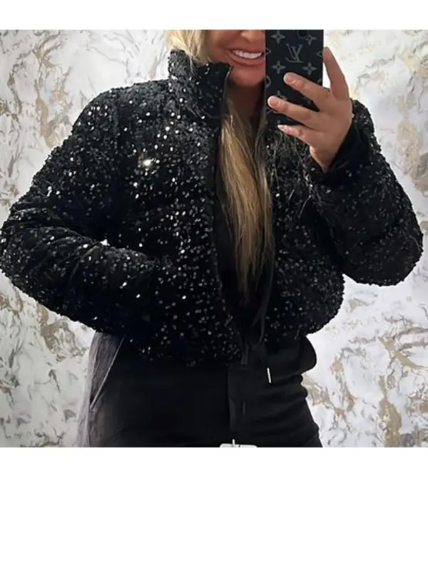 Sparkly Sequin Embellished Hooded Zip Up JACKET BLACK