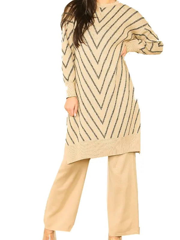 CHEVRON Ladies 2 Piece Knitted Long Dress wide Flared Trouser Women Lounge Wear Set Striped Long Sleeve Womenswear stone