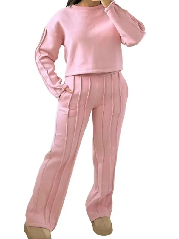 PIPE DETAIL Women's Fleece Lined Cropped Top Wide Leg Joggers Tracksuit Loungewear Co-Ord Set baby pink