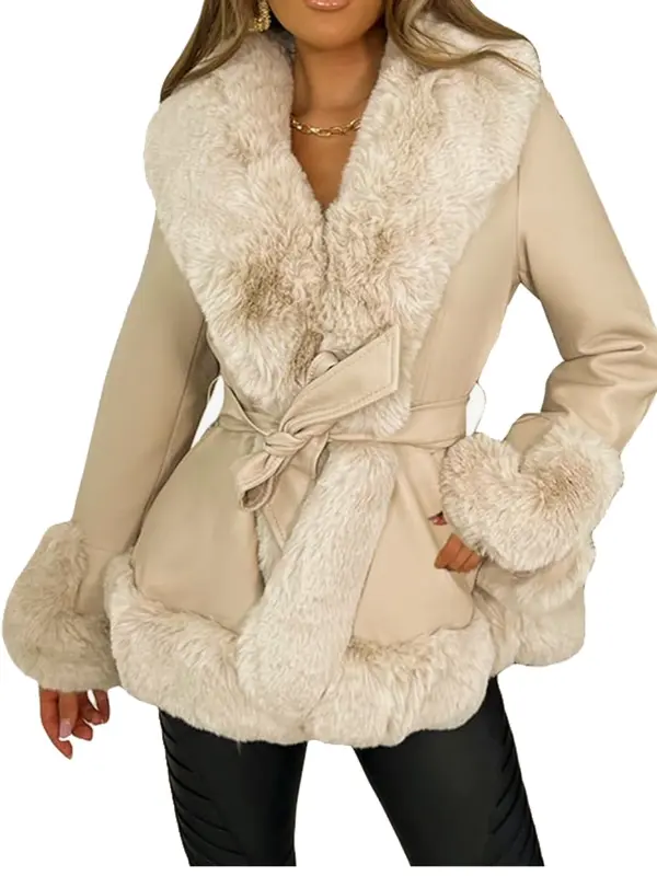 Women's Faux Leather P.V.C. Jacket with Fur Collar STONE