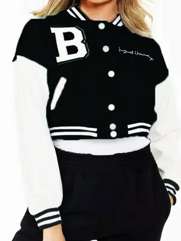 Varsity Bomber Cropped Jacket With B Slogan Black