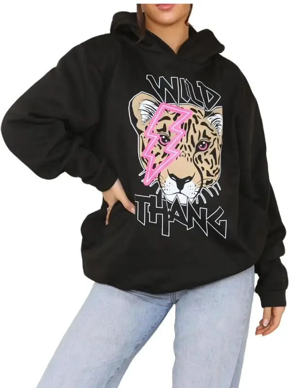 Womens Long Sleeve Wild Thang Tiger Face Printed Sweatshirt Ladies Crew Neck Casual Oversized Jumper black