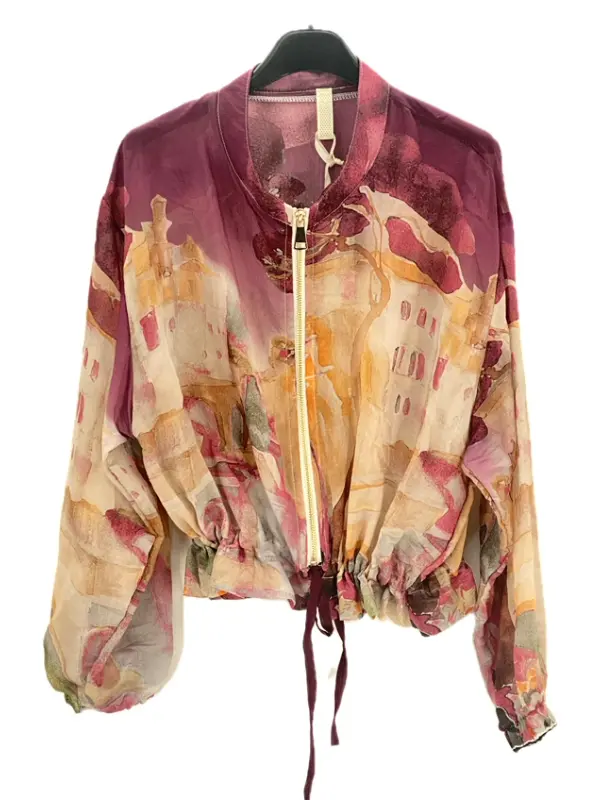 Women's Sheer Tie Bomber Jacket – Floral Zip-Up Lightweight Outerwear wine