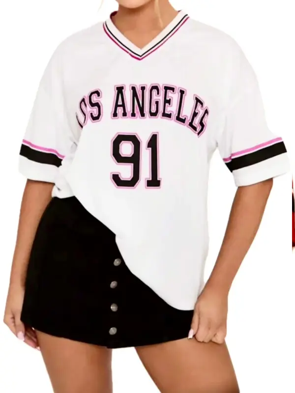 American Jersey for Women Oversized Graphic Stripe Trim V Neck Drop Shoulder Summer Y2K Tshirts 91 WHITE